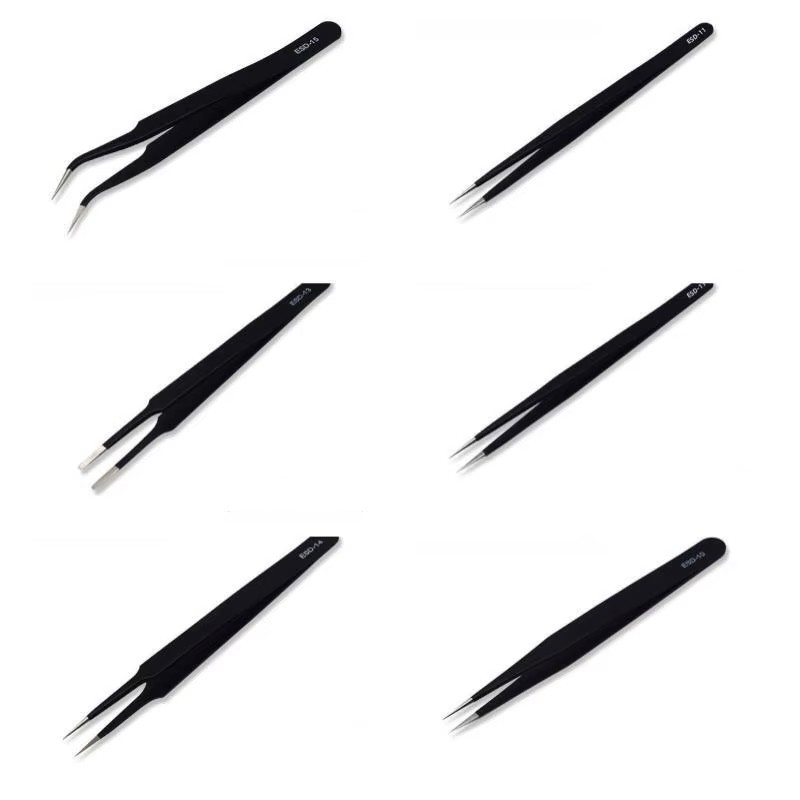6Pcs ESD Anti-static Tweezers Set Maintenance Repair Stainless Steel Tools Kit