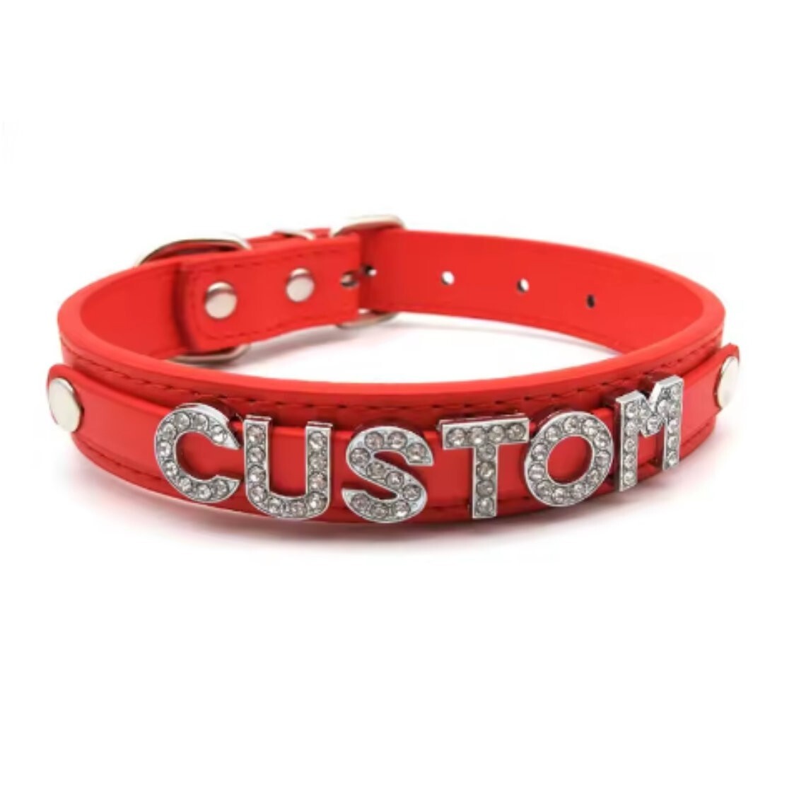 Custom Rhinestone Letter Collar You Choose Color and Words Faux Leather BDSM