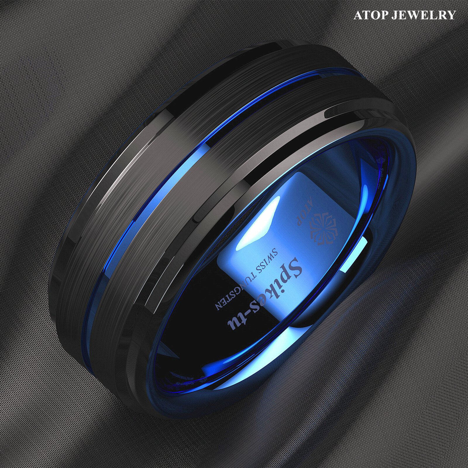 8mm Black Brushed Ladder Edge Tungsten Ring BLue Stripe ATOP Mens Wedding Band
