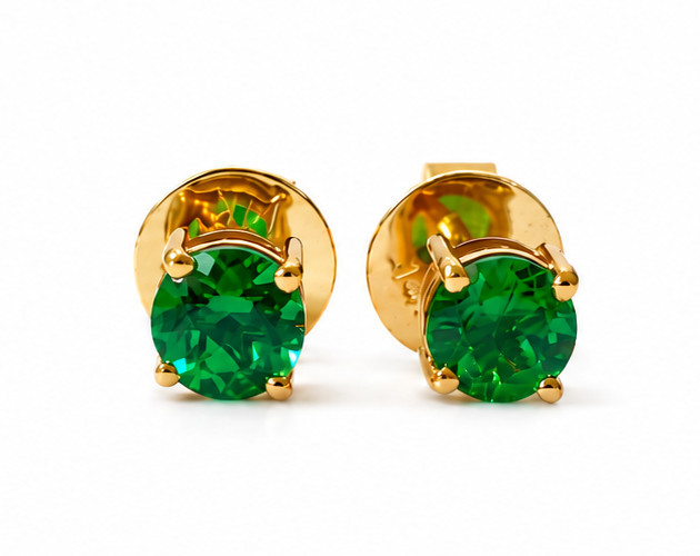 Yellow Gold Lab-Grown Green Emerald Solitaire Stud Earrings Round Cut Gemstone
