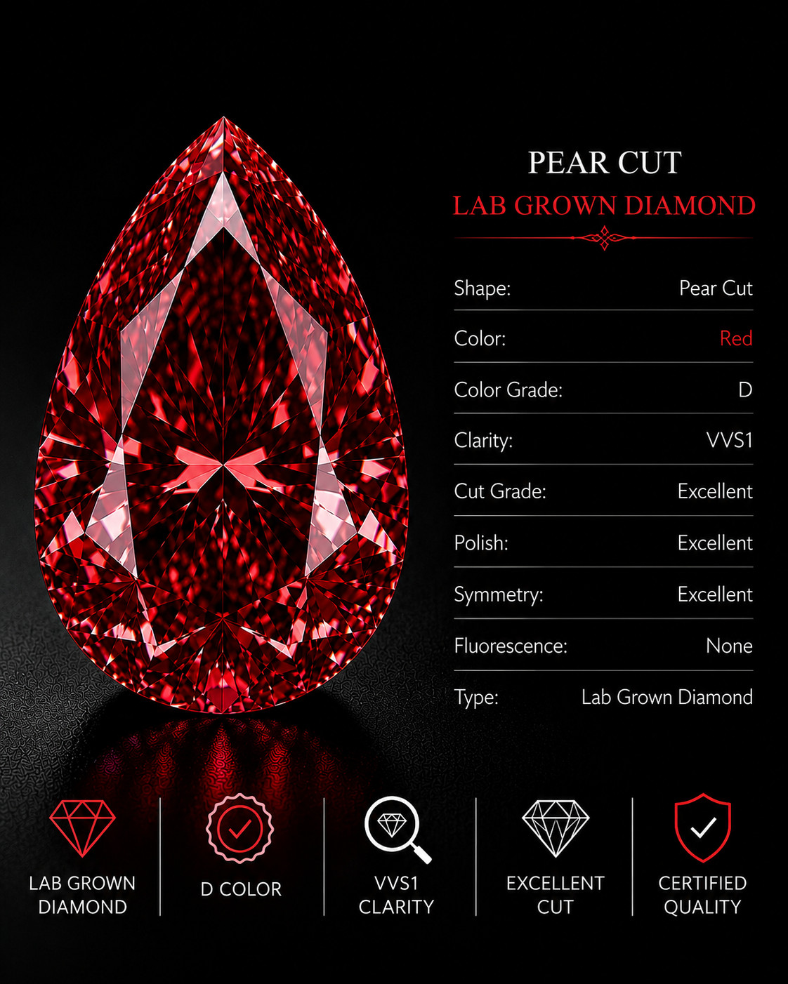 14 Carat Red Pear Cut Lab Grown Diamond Loose Stone D Color VVS1 By N-S GEMS.