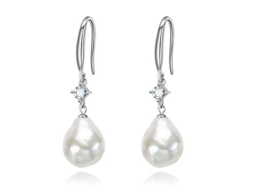 11-12mm White Baroque Freshwater Pearl Dangle Earrings in Rhodium Plated Silver