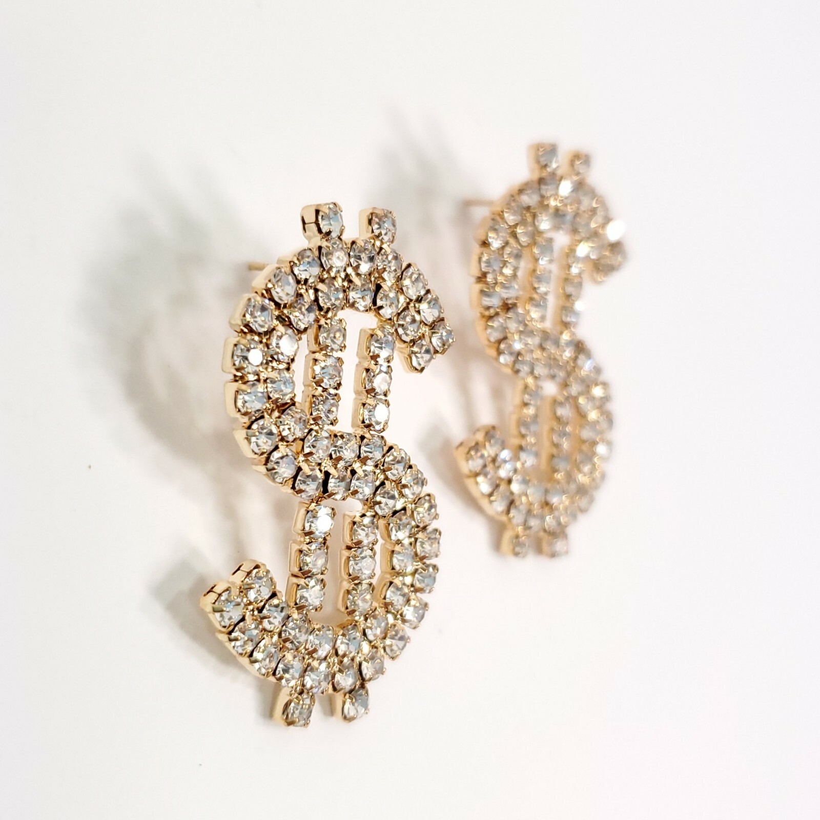 E0224 Bling Clear Rhinestone Gold Tone US Dollar Money $ Sign Drop Post Earrings