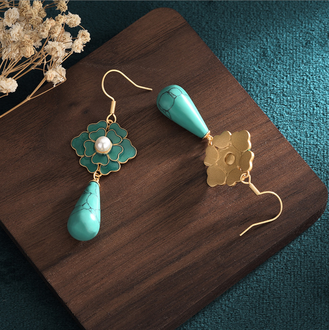 Turquoise Drop Dangle Earrings Cloisonne Boho Gemstone Flower 18K Gold Plated