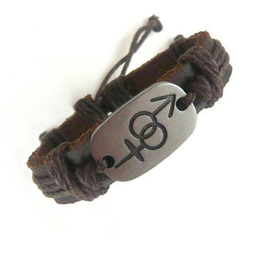 Pride Shack -Transgender Pride Male & Female Symbols Brown Leather Bracelet LGBT