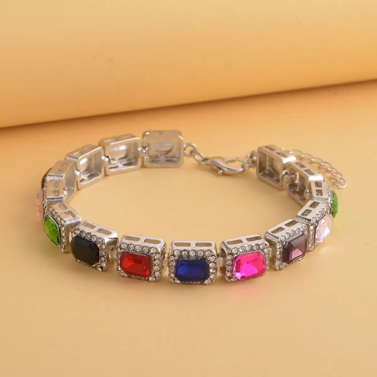 NEW Artisan Multicolor Glass Austrian Crystal Tennis Bracelet 7-9” In Silvertone
