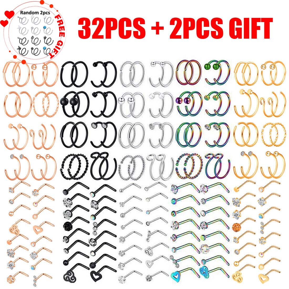 32PCS Nose Hoop Rings L Shaped Pin Studs 20G Surgical Steel Piercing Jewelry Set