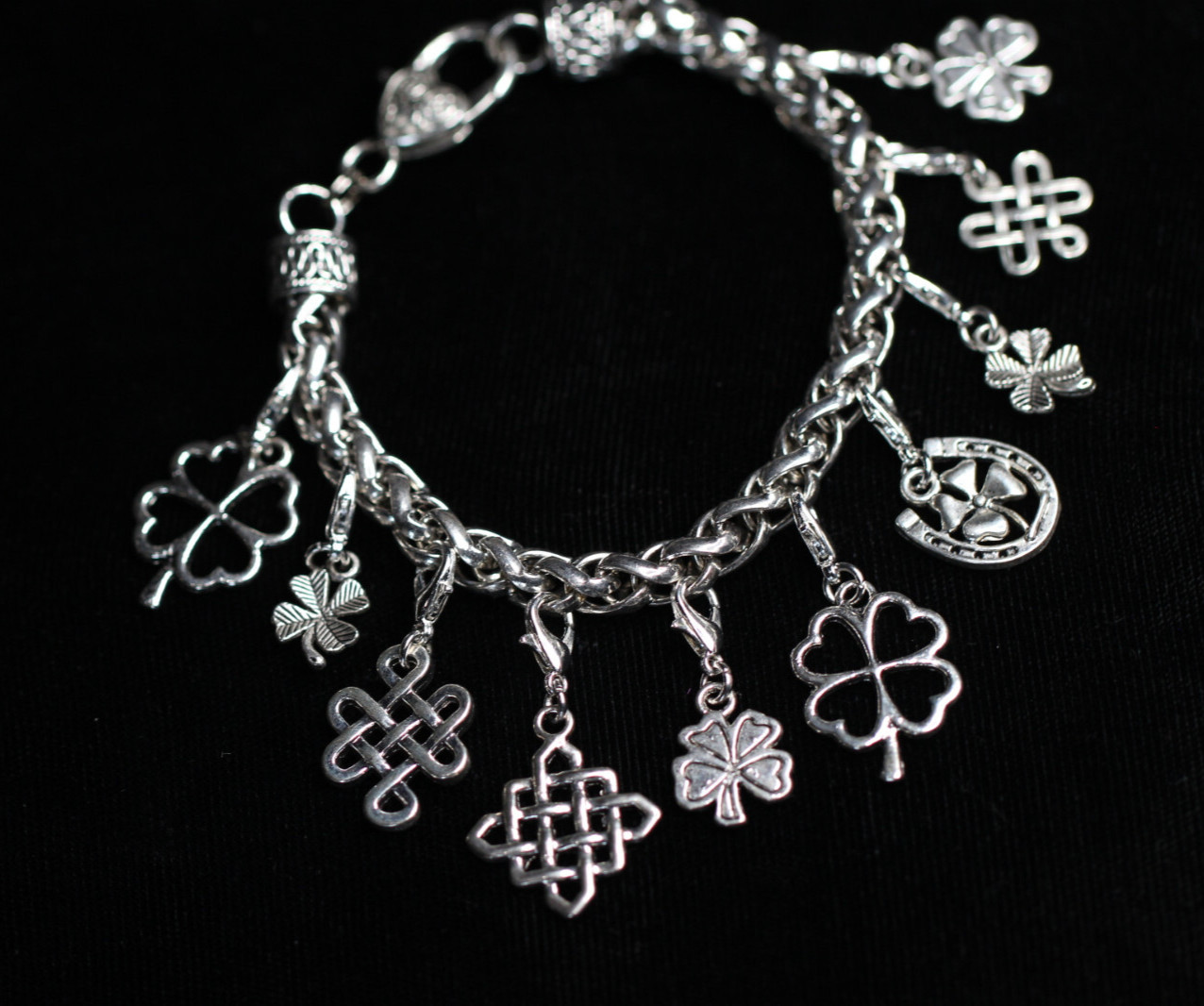 Celtic Four Leaf Clover Charm Bracelet Silver Pewter Charms 8″ Interchangeable