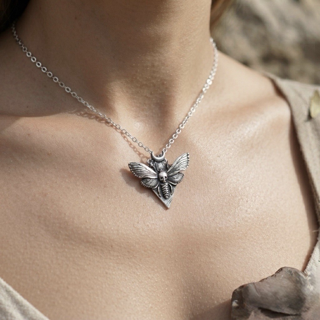 Silver Tone Triangle Moth Pendant Necklace Cable Chain Gothic Animals & Insects