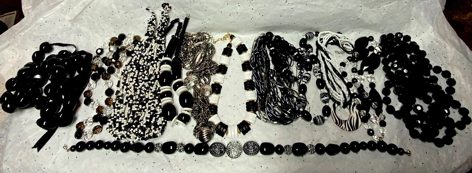Vintage To Mod Black-White Plastic/Acrylic/Lucite/Crystal Bead Necklace {13~Lot}