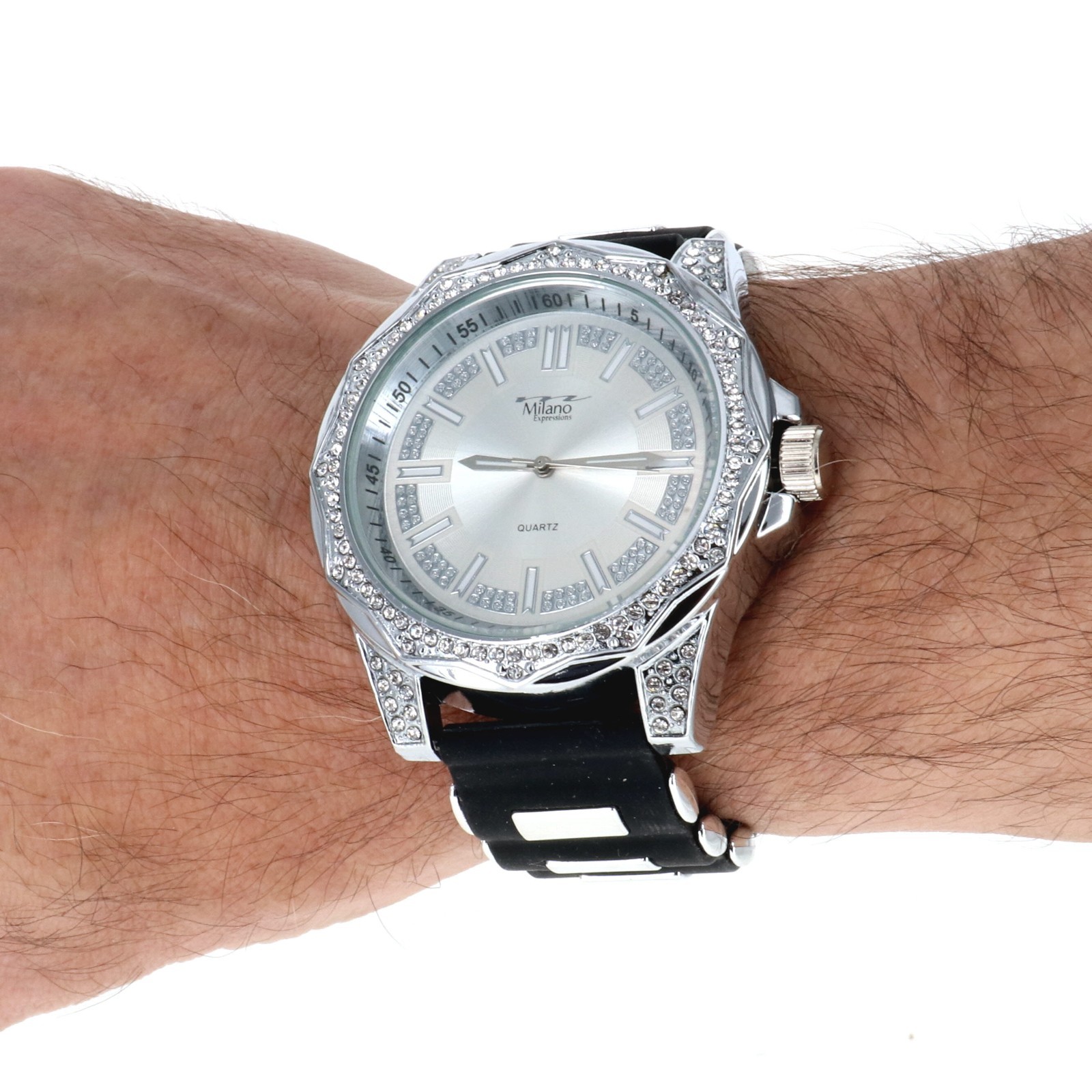 Milano Expressions Silicone Band Diamond Dust on Dial Men’s Fashion Watch, 56MM