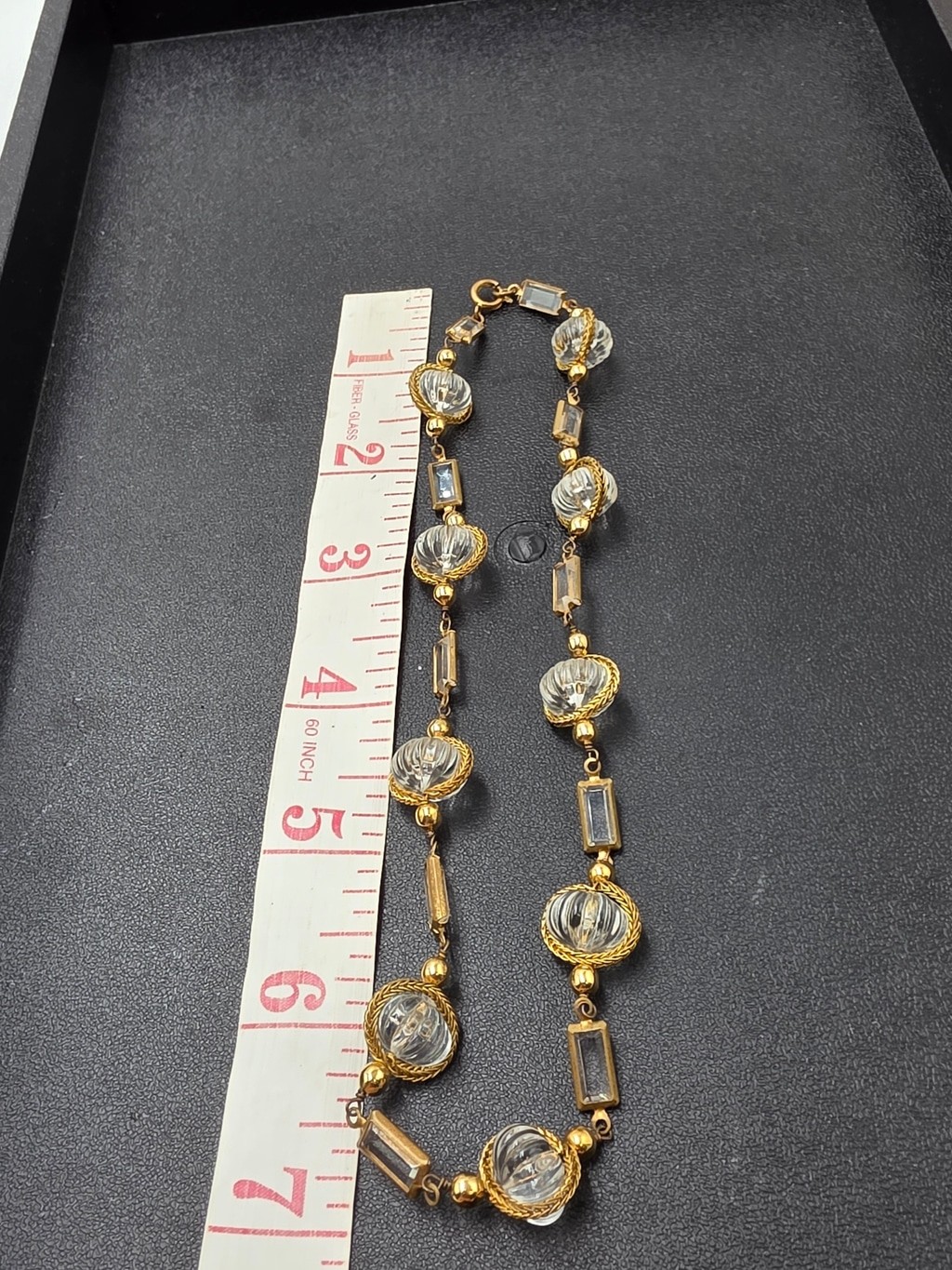 Vintage Gold Tone Clear Lucite Bead Statement Necklace | Retro Art Deco Style