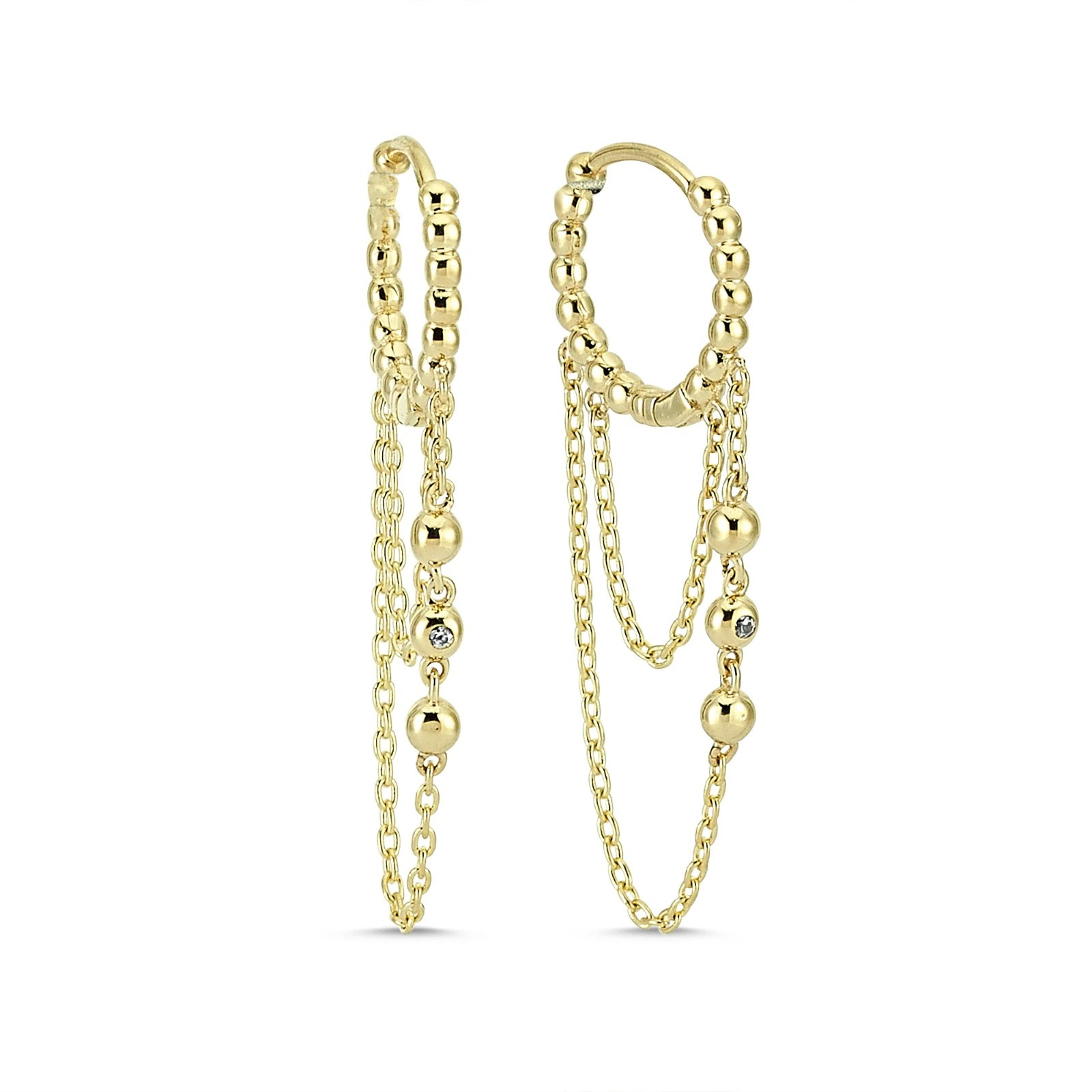 14k Gold Dangle Drop Chain Earrings Beaded Huggie Stud Set Asymmetric Jewelry