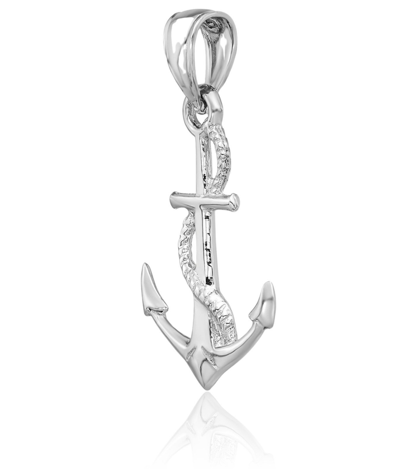 14K Solid White Gold Medium Anchor Mariner Rope Pendant Necklace 25.9mm 1 inch