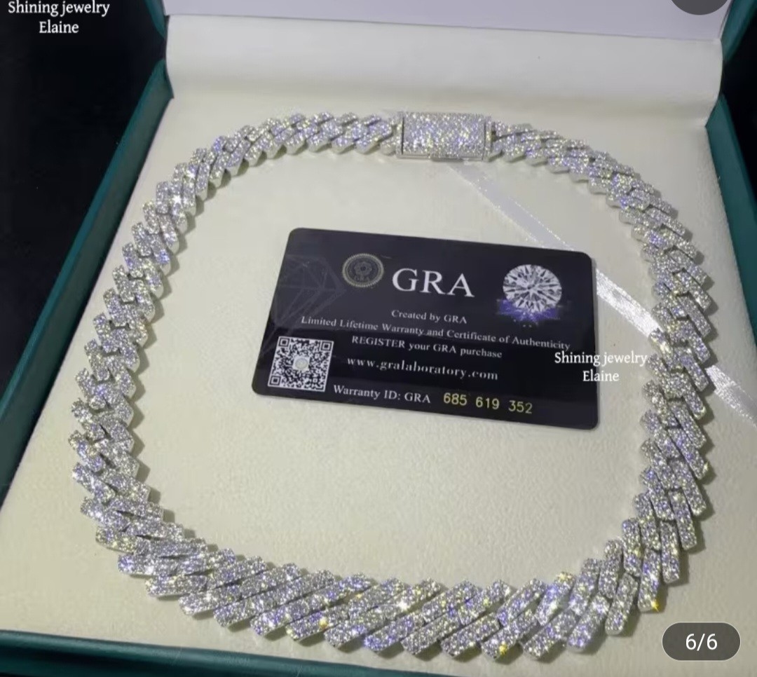 14MM 925 Sterling Silver plated Moissanite Cuban Link Chain Hip Hop Necklace
