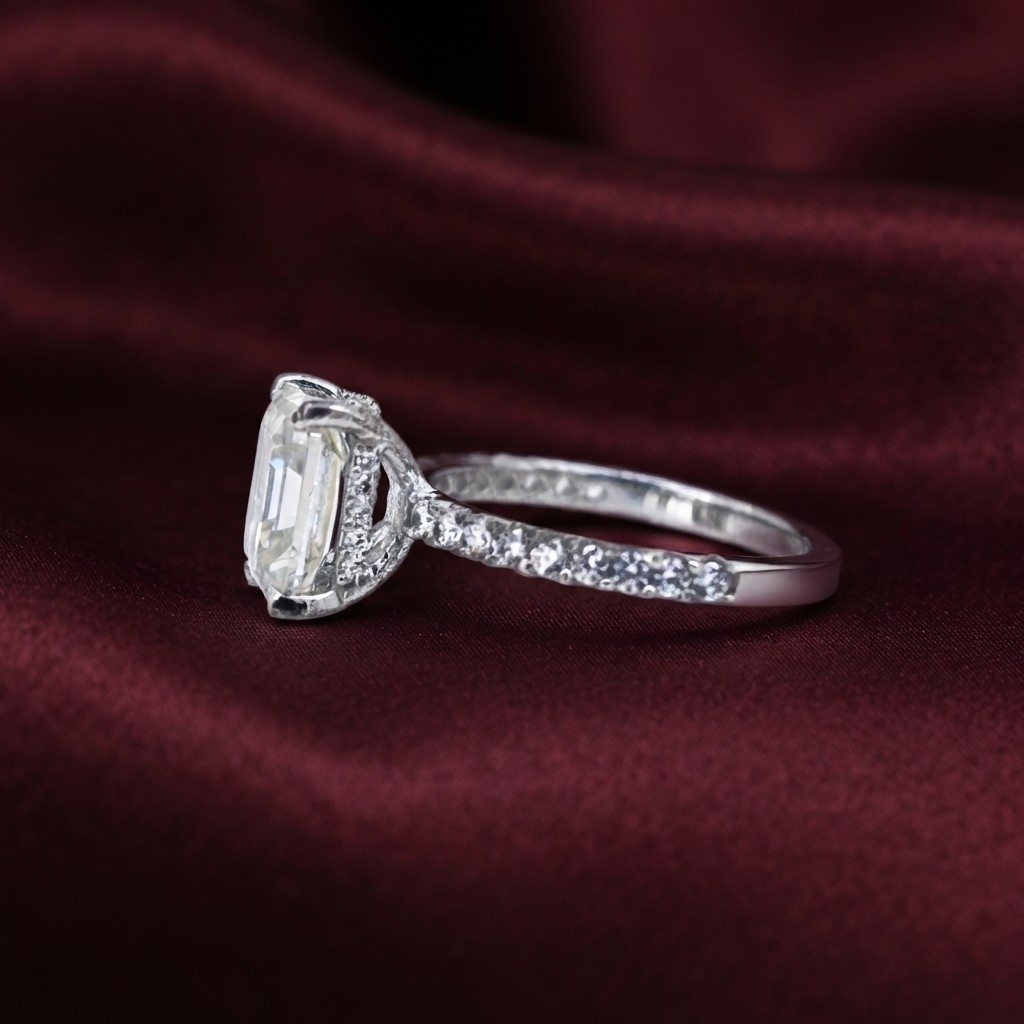 Off White Emerald Moissanite Ring Hidden Halo with Side Accents for Women