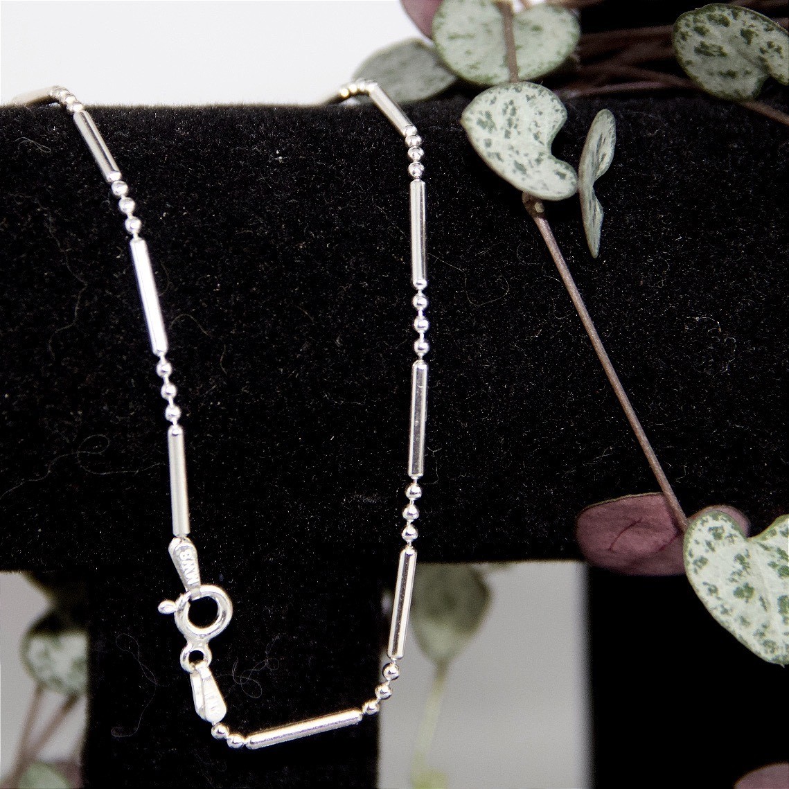 Sterling Silver 925 Bar and Bead Chain Anklet Minimalist 9 Inch Jewelry