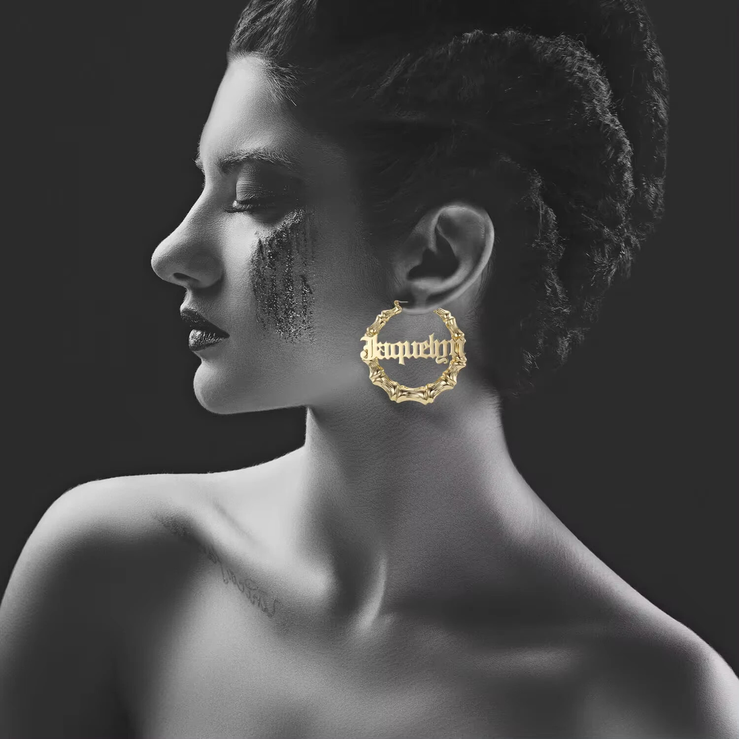 Custom Name Bamboo Hoop Earrings 30-100mm Large Small Medium Jewelry Women Gift