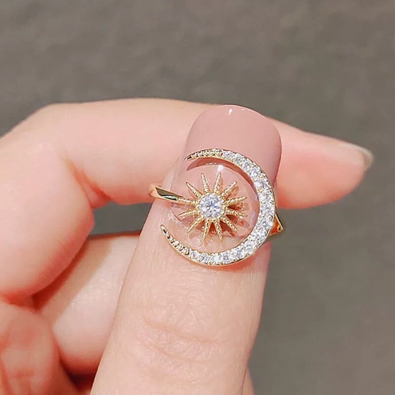 18K Gold Plated Adjustable Crystal Sun Moon Ring for Women Jewelry Gifts