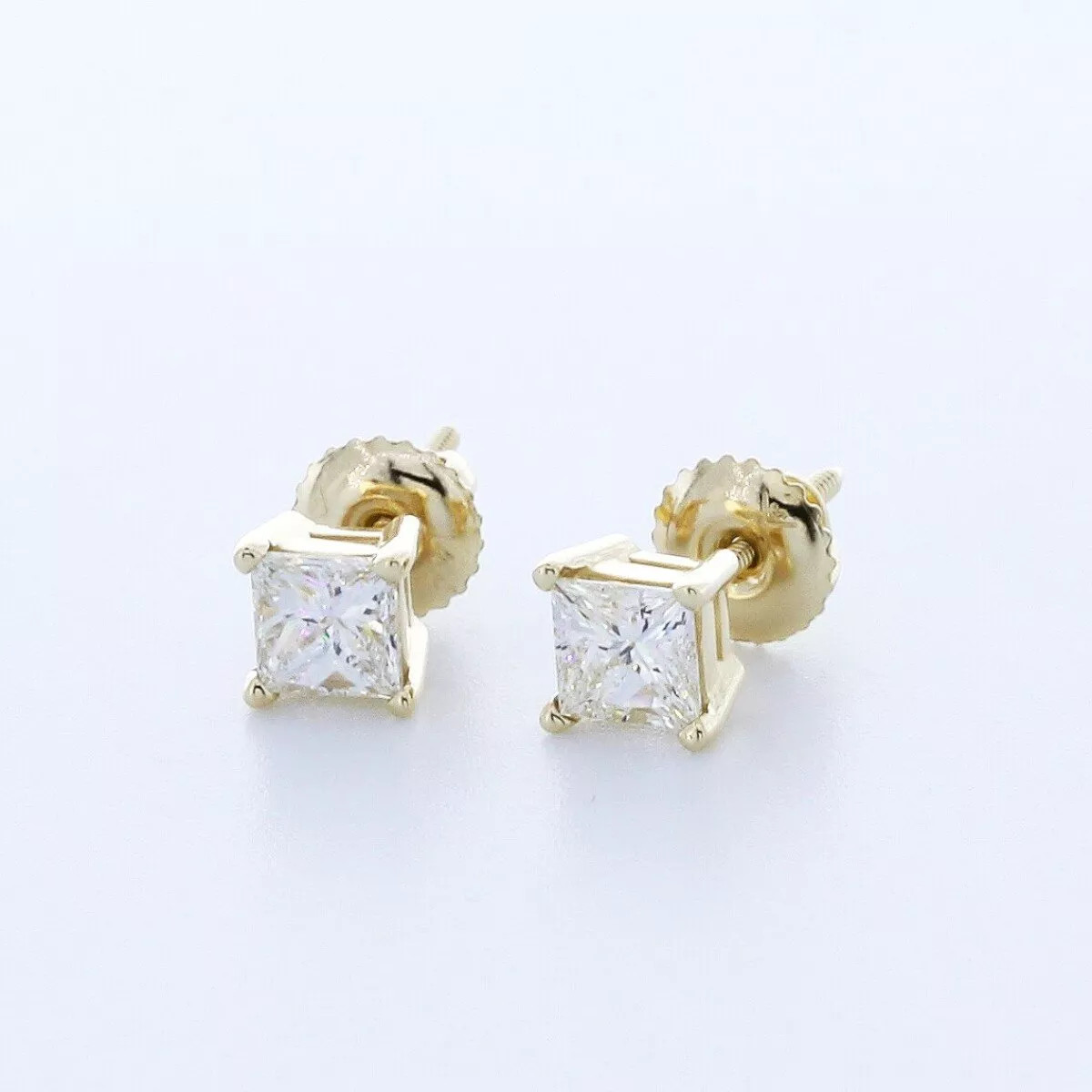 Solid 14K Gold Stud Earrings Classic 1.16 Carat Princess Natural Diamond G SI1