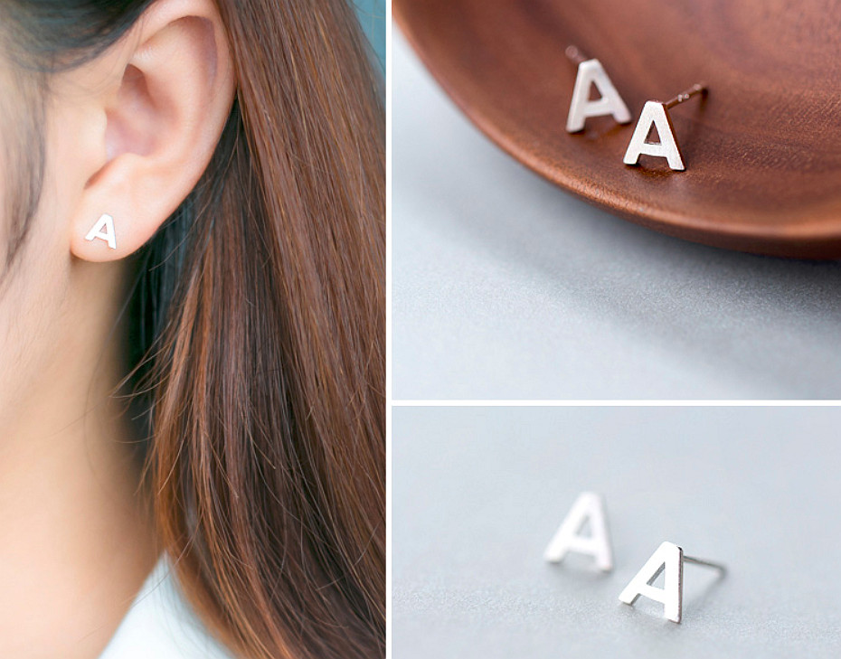 S925 Sterling Silver Satin Finish Alphabet Letter Initial Stud Earrings