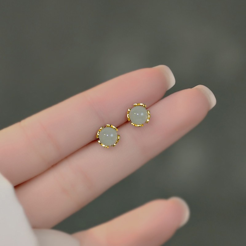 Hetian Jade Stud Earrings | S999 Sterling Silver Posts Dainty Luck Jewelry Gifts