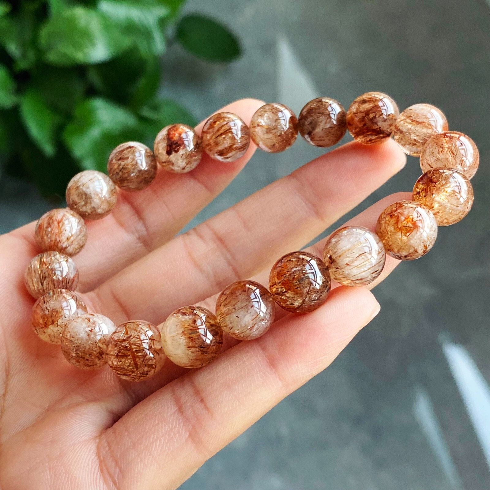 10.5mm Natural Red Copper Quartz Crystal Beads Bracelet 7.9 inch B850