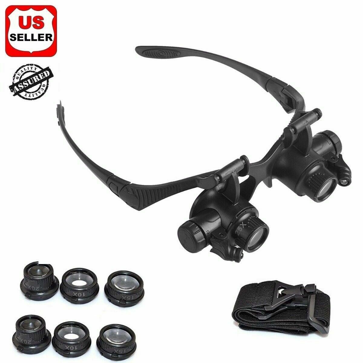 Jewelry Watch Repair Magnifier Loupe Glasses Double Eye With LED Light 8 Lens US