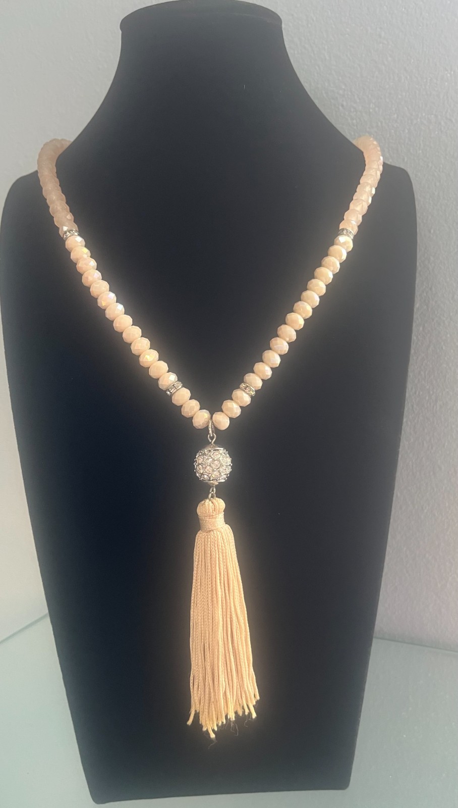 White House Black Market WHBM Long Tassel Necklace Pink Ombre & Crystal Beads