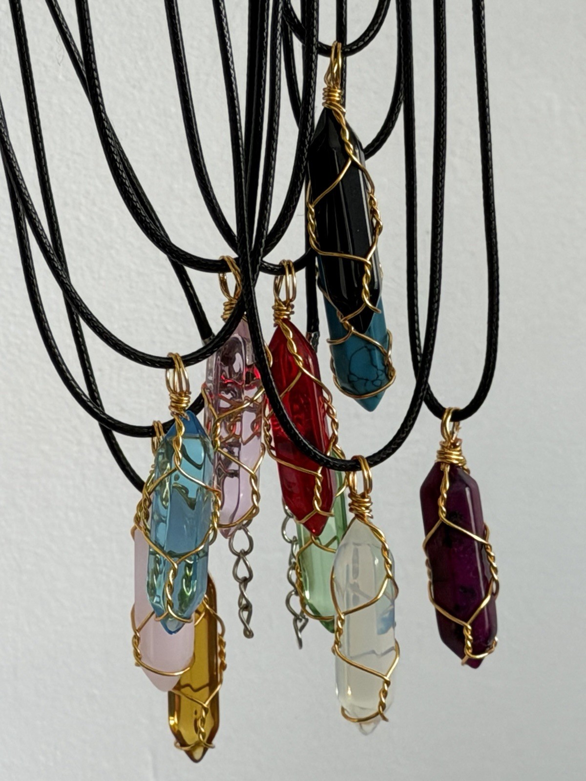 Handmade Green Crystal Point Wire Wrapped Pendant Necklace Black Cord Bohemian