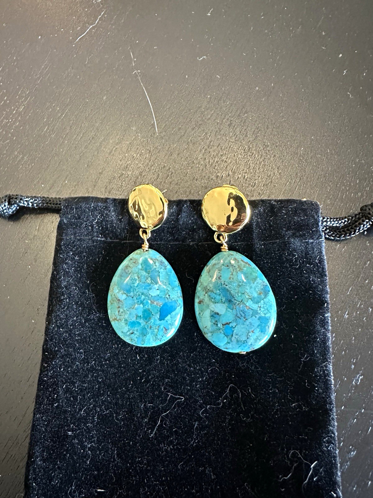 NEST Jewelry Turquoise Teardrop Dangle Earrings Brass Gold Tone 2in Signed