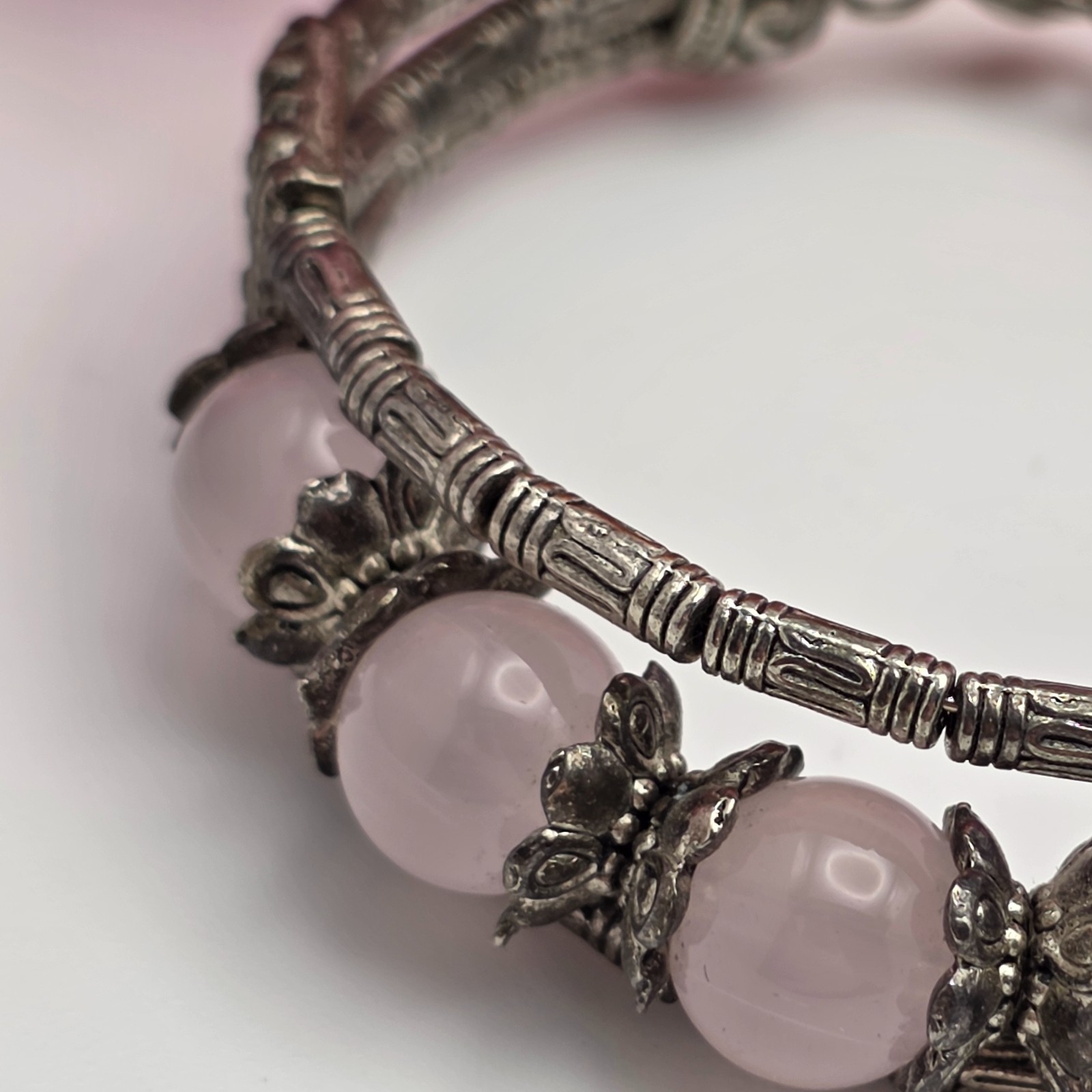 Rose Quartz Bead Bracelet Silver Tone Multi Strand Butterfly Bali Style 6.5in