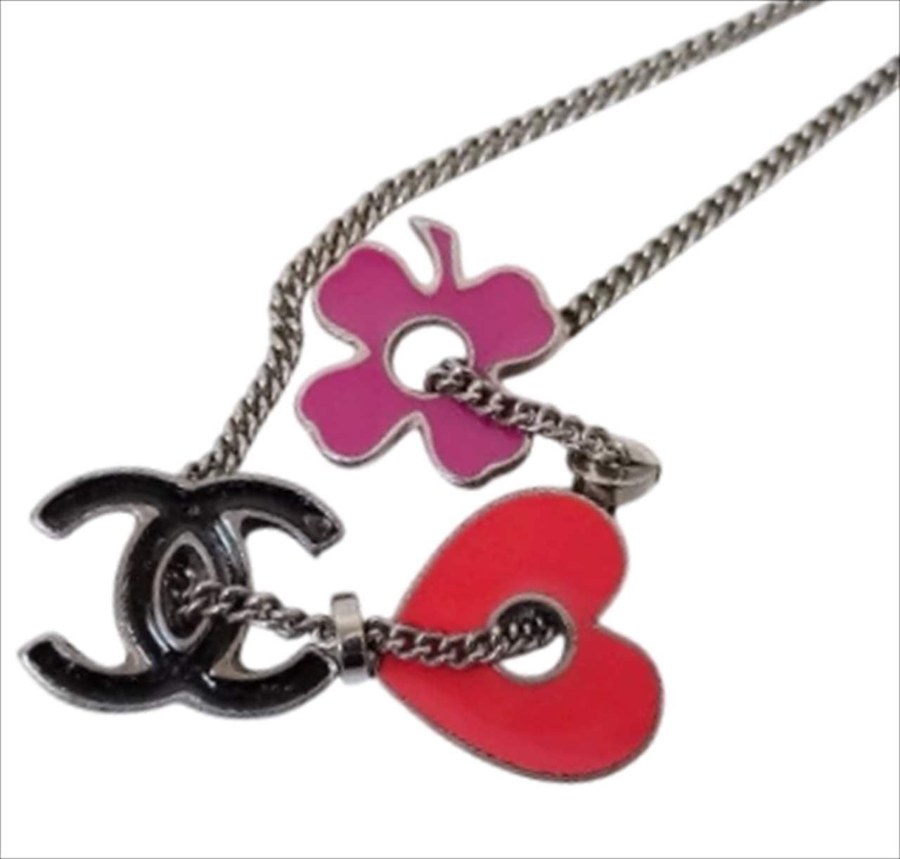CHANEL Necklace CoCo Mark Heart Clover Charms Silver Length: 15.7 in.