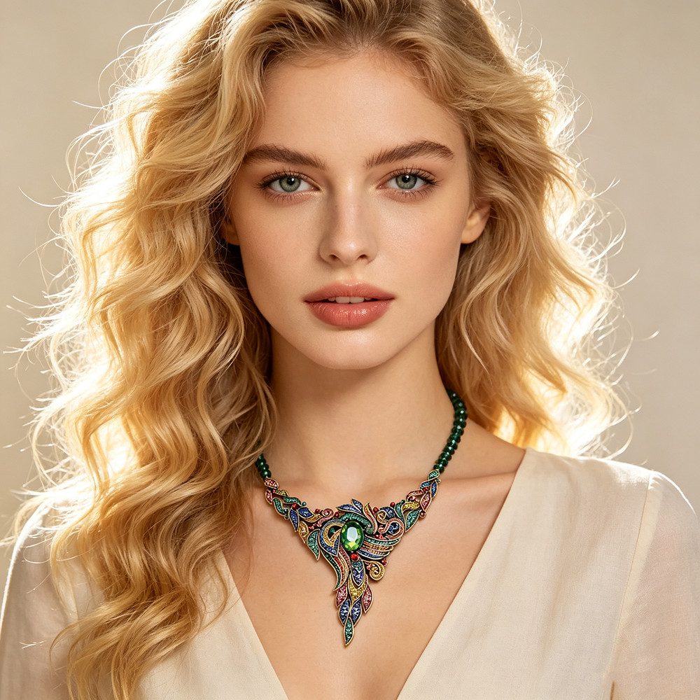 Vintage Handbeaded Multicolor Rhinestone Bib Necklace and Earrings Set for Women