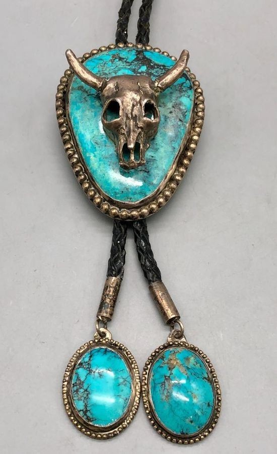 Turquoise Steer Head Bolo Tie Western Silver Leather Cord Statement Piece