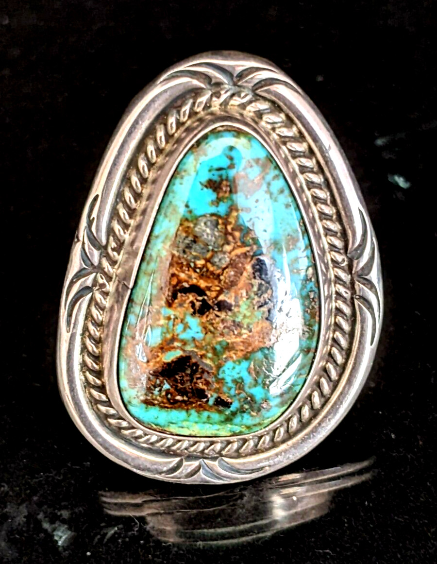 Vintage Native American Turquoise Sterling Silver Ring S-9 25x15mm 12gr No Mark