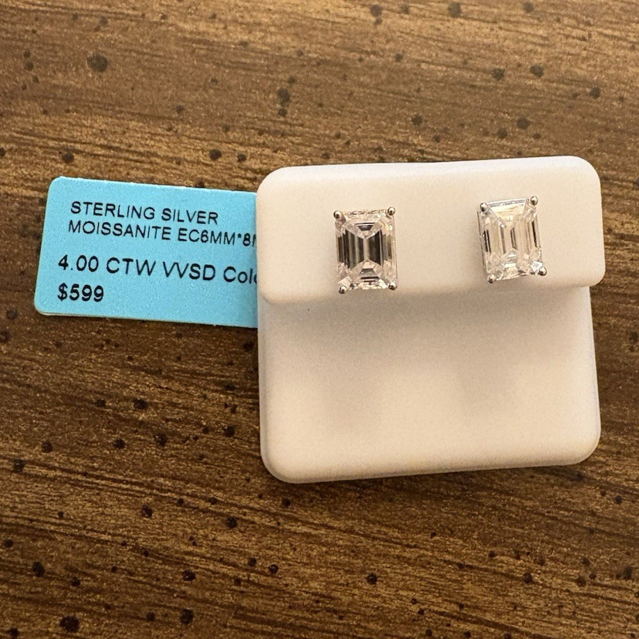 925 Sterling Silver Emerald Cut White Moissanite Stud Earrings Prong 4.00 CTW