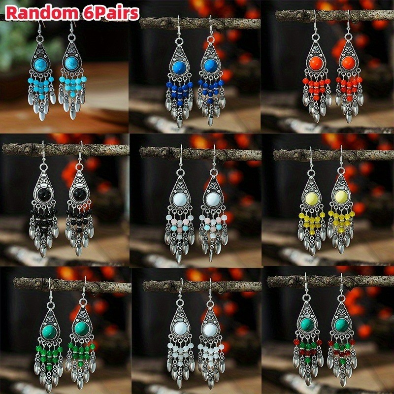 Random 6Pairs Boho Vintage Teardrop Dangle Beaded Tassel Earrings Handmade Women