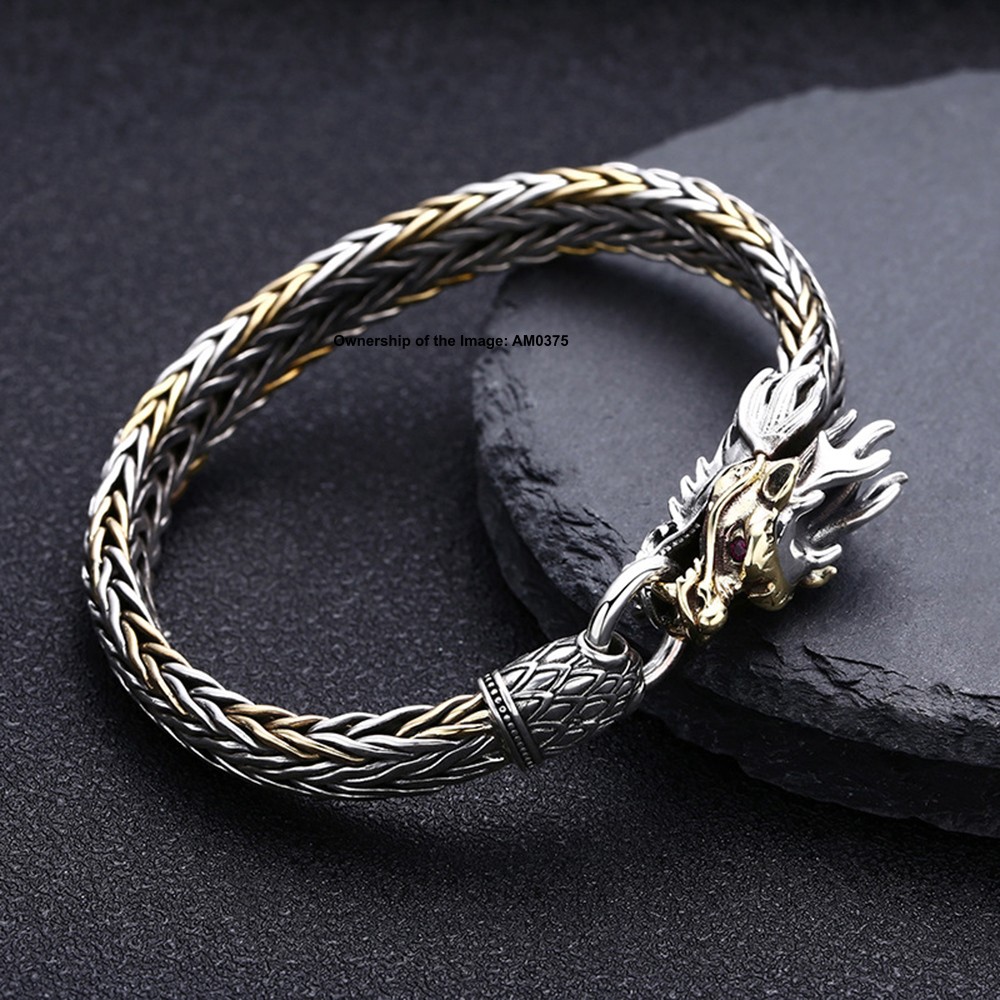 925 Solid Sterling Silver Dragon Head and Wheat Link Chain Bracelet 7.9inch