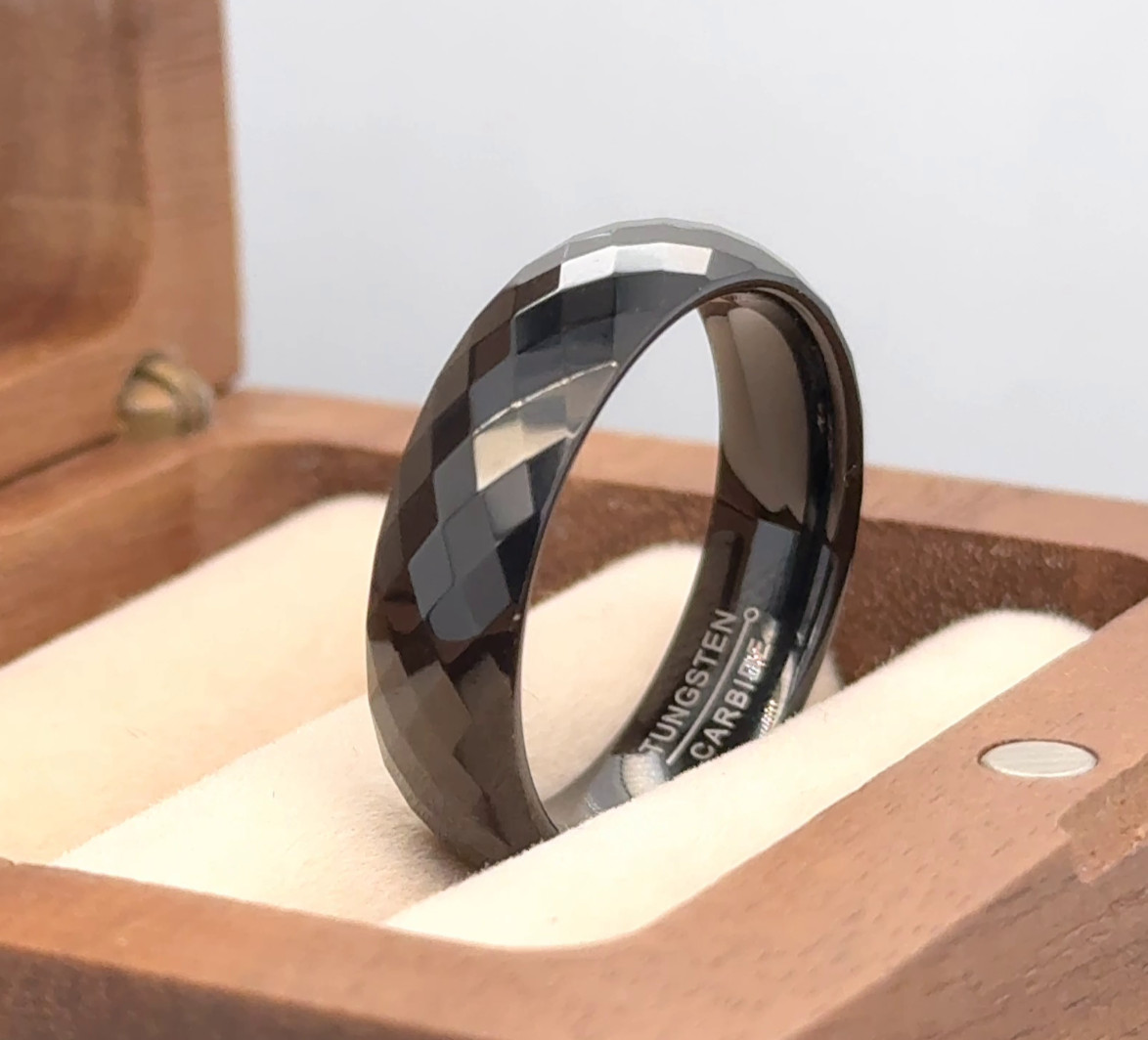 Black Tungsten Wedding Band – High Polish Faceted 6mm Ring for Her