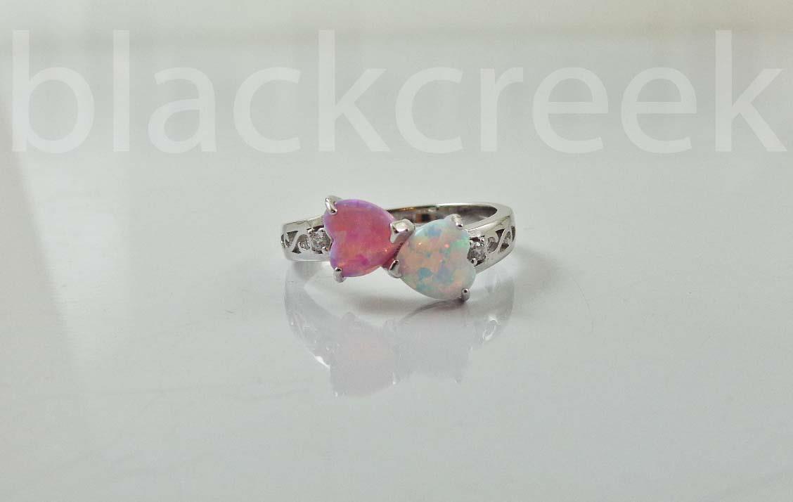 925 Sterling Silver / White / Pink / Two Hearts / Opal~Size 4/5/6/7/8/9/10/11/12