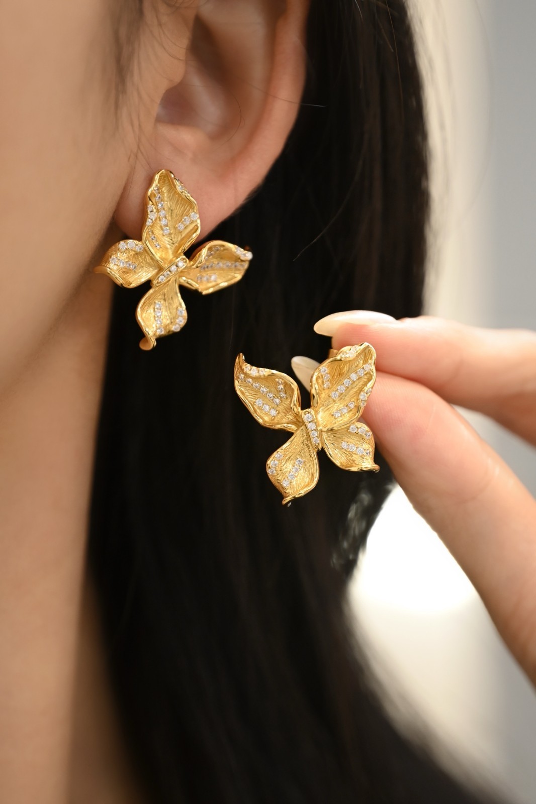 ILIKEIT 925 Sterling Silver Gold Plated CZ Butterfly Stud Earrings