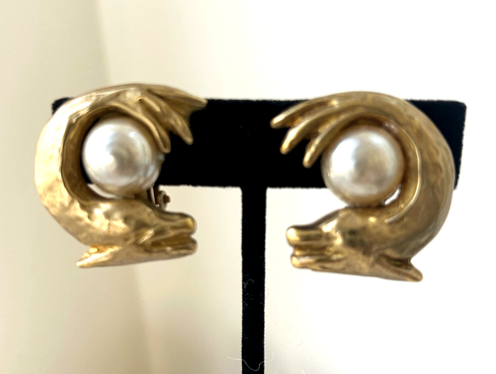 Jaded Jewels NYC Clip Earrings Dolphin and Pearl Earrings Gold Tone Signed 1980s