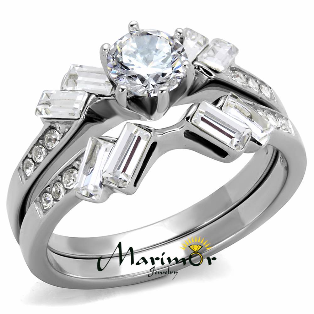 1.65 Ct Round & Baguette Cut CZ Stainless Steel Wedding Ring Set Women’s Sz 5-10