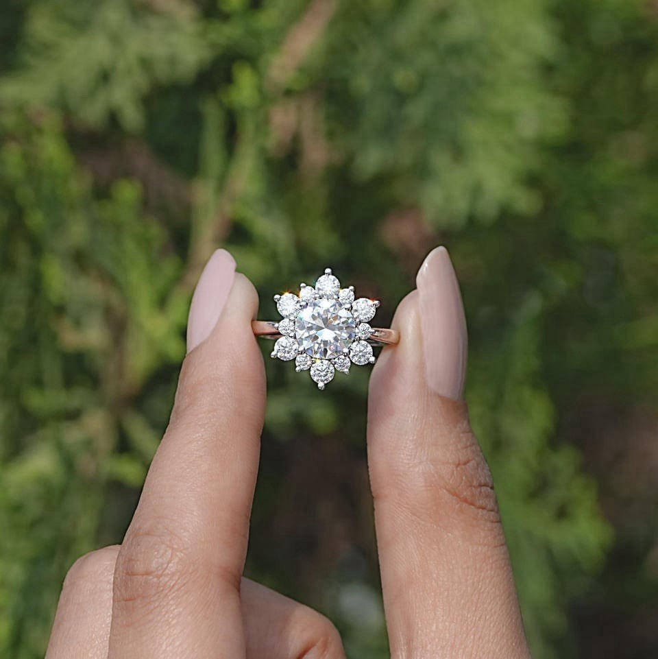 Floral Moissanite Engagement Ring – Flower Halo Design in 925 Sterling Silver