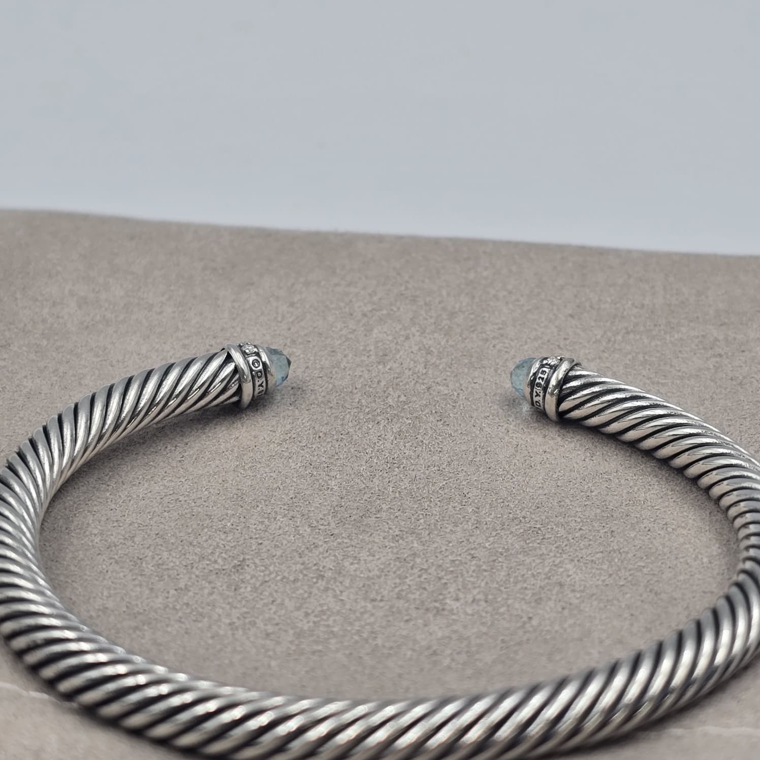 David Sterling Silver 5mm Cable Blue Topaz & Diamond Bracelet