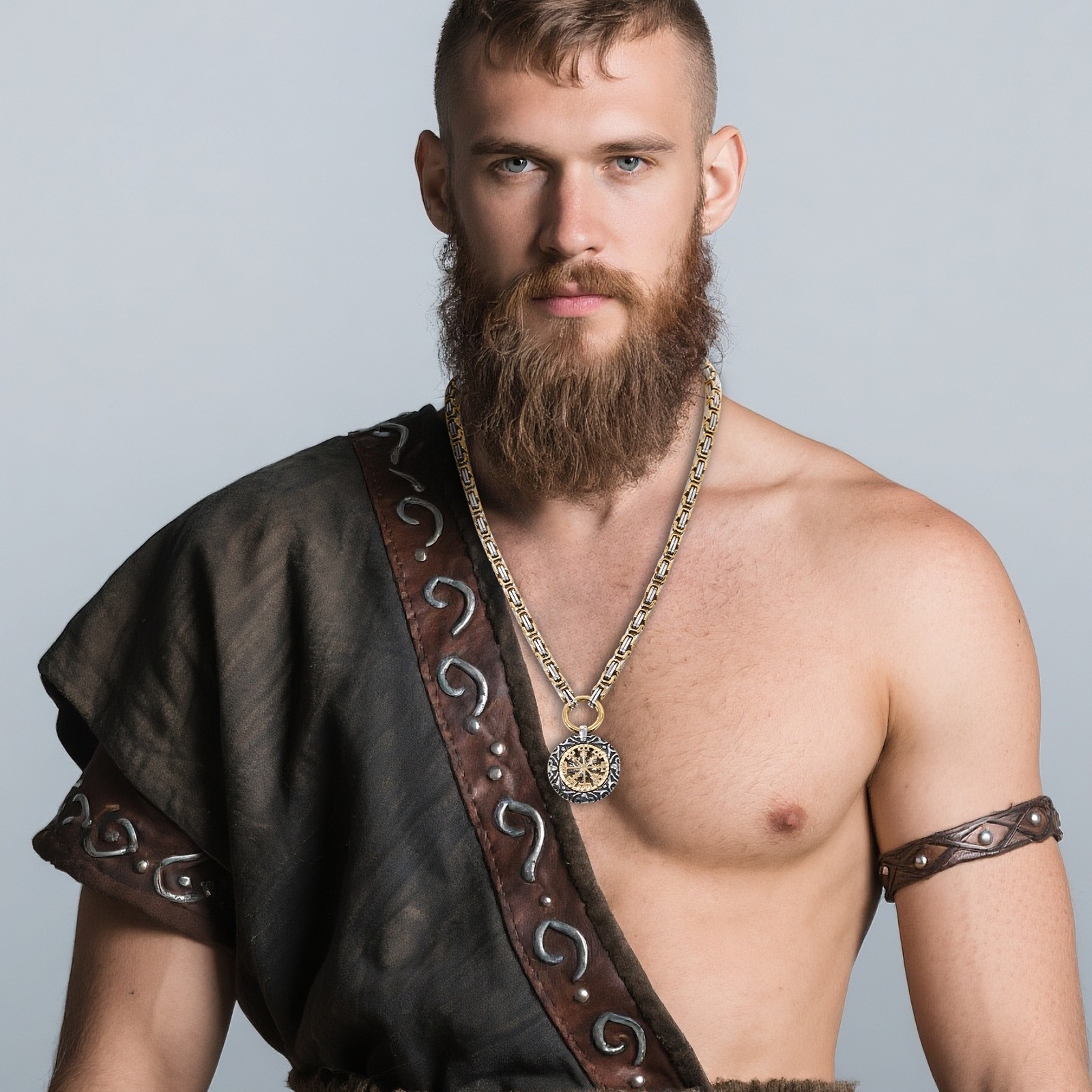 Men’s Viking Heavy Compass Rune Pendant Necklace Byzantine Chain Stainless Steel