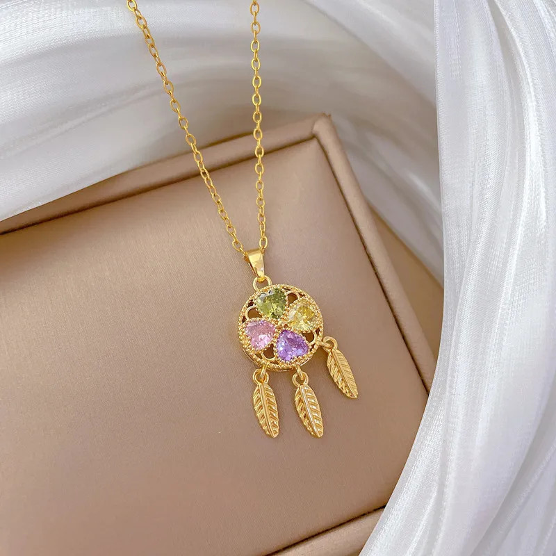 Love Heart Clover Dreamcatcher Necklace Stainless Steel Jewelry