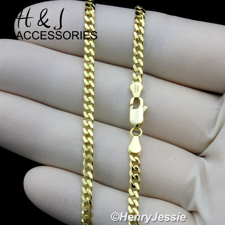 18″-24″MEN 925 STERLING SILVER 3MM GOLD PLATED MIAMI CUBAN CURB LINK NECKLACE*25
