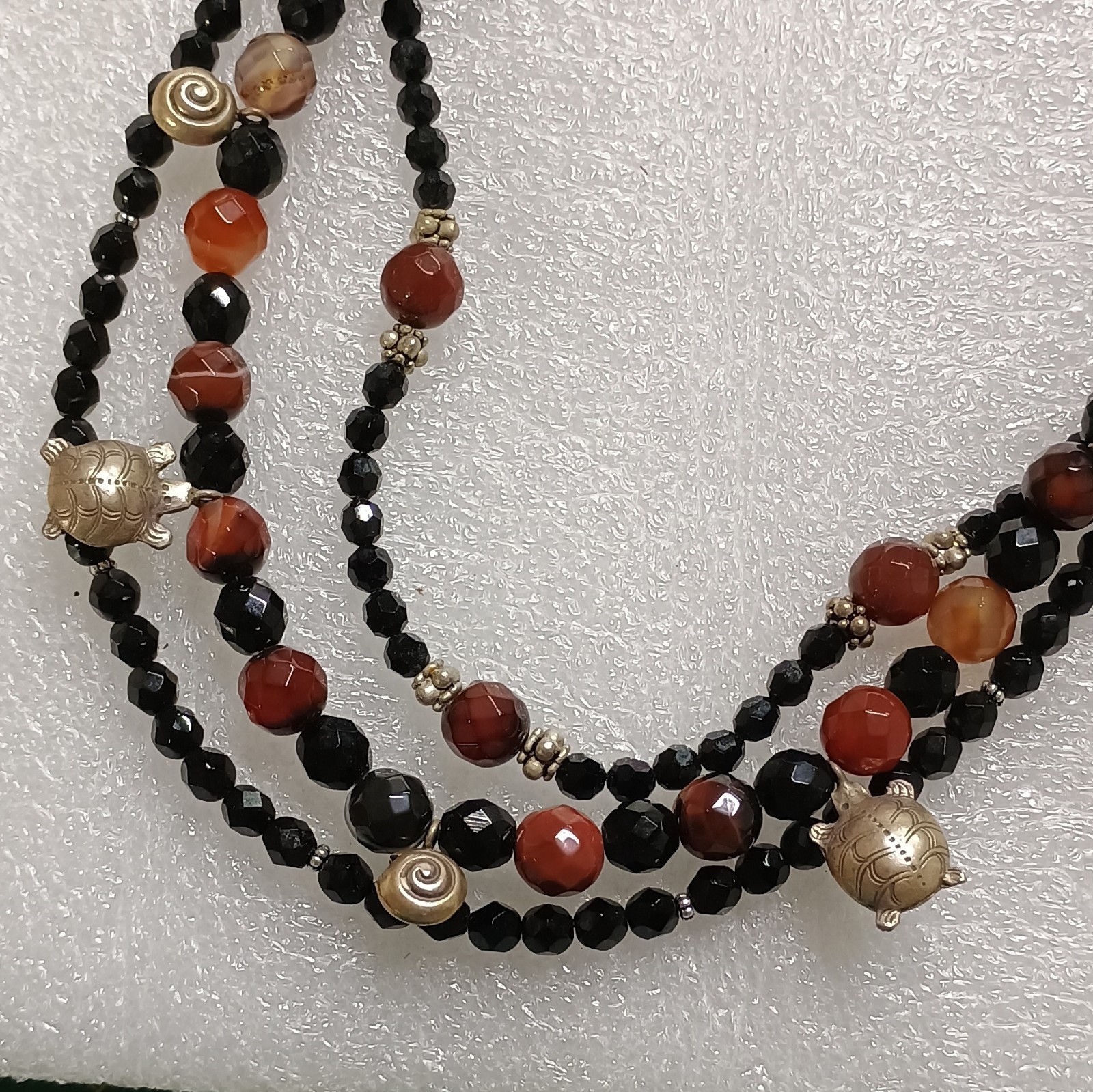 Multi-Strand Layered Black Red Beaded Necklace w/ Round Agate Turtle Charms .925